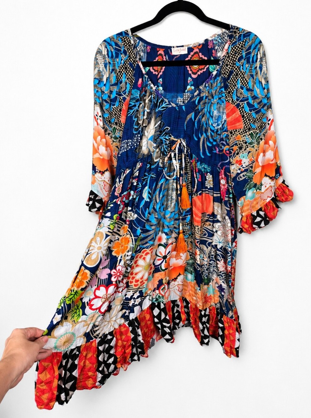 Lula Soul Dress S Boho Pocket Tassel Ruffle Resort Floral Tunic Cover Up